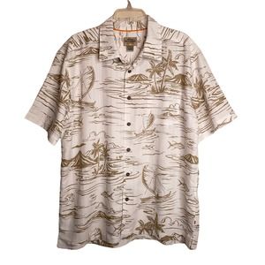 Quicksilver Waterman Collection Hawaiian Shirt Mens XL Button Up Fishing Boats